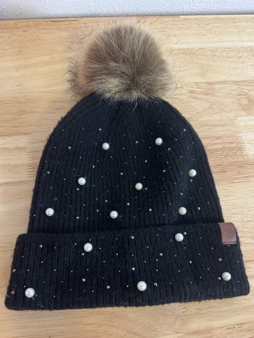 Lucky Brand Cute Girly Black and Pearls Puff Beanie